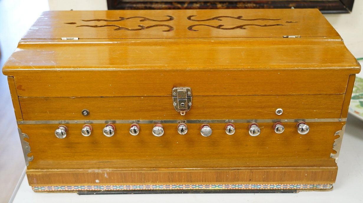 A 1960's chrome-mounted accordion, 60cm wide x 27.5cm high. Condition - poor to fair